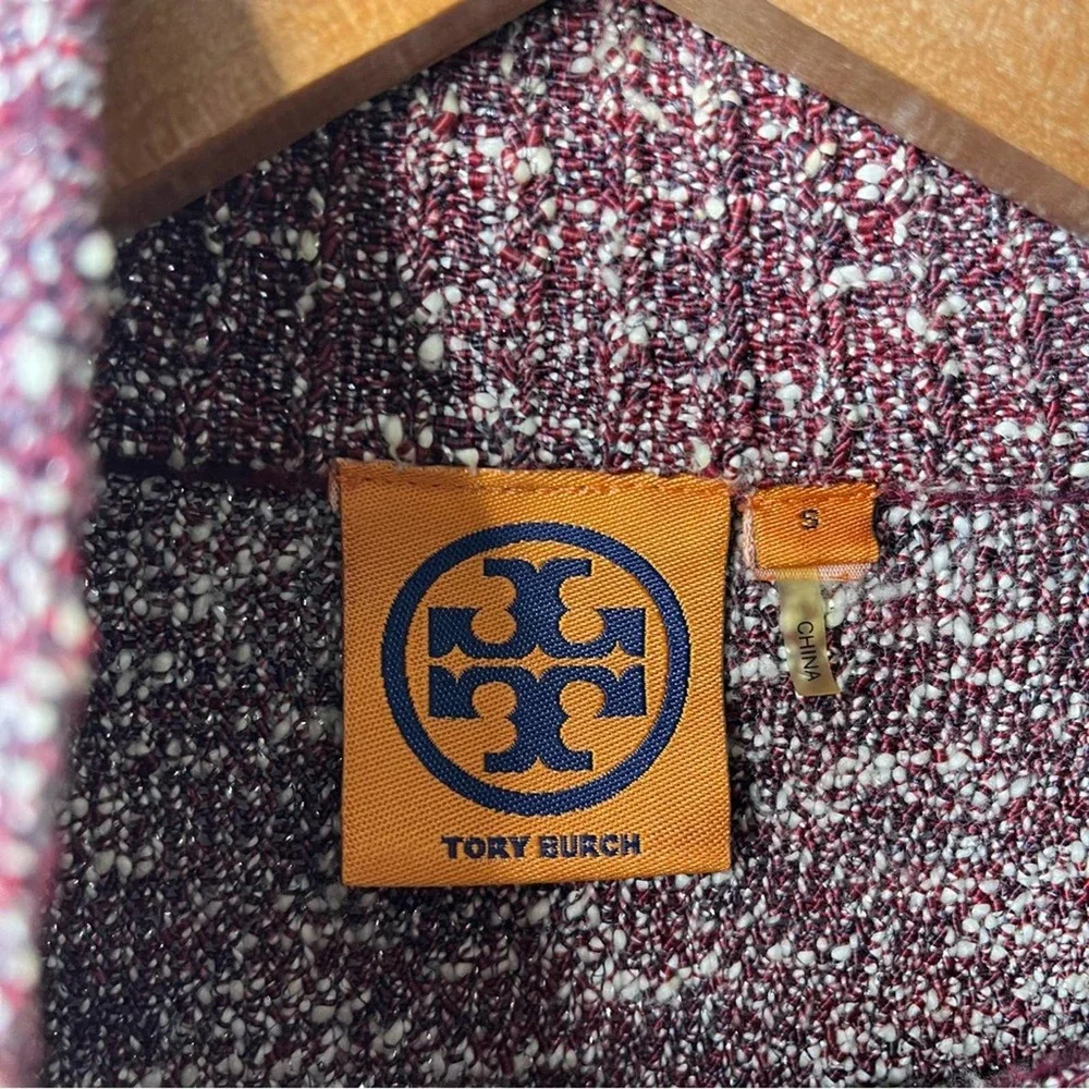 Tory Burch Burgundy Tweed Mock Neck Button Front Pullover Sweater